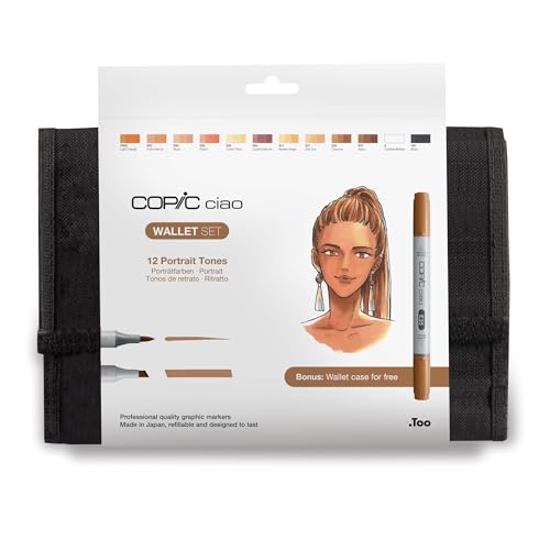COPIC Ciao Set « Couleurs Portrait », Set de 12 pièces dans un Wallet, Twin Marker avec une pointe moyenne et une pointe Brush