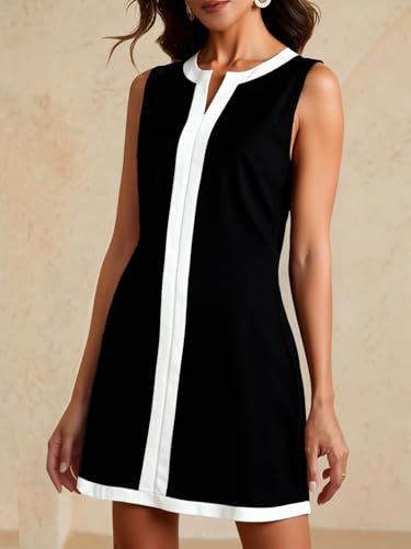 Women's Color Block Mini Dress Summer Notch V Neck Elegant Work Office Dresses4