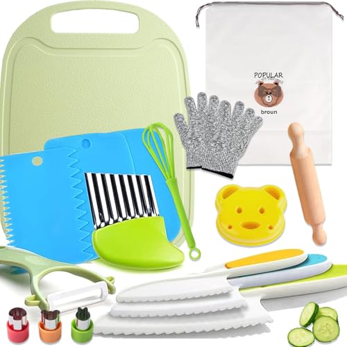 17 Pcs Kids Knife Set for Chopping, Toddler Kitchen Knife, Children Cooking Set Included Plastic Knives/Cutting Board/Potato Slicer/Gloves/Fruit Cutters - DIY Educational Gift for Boys & Girls