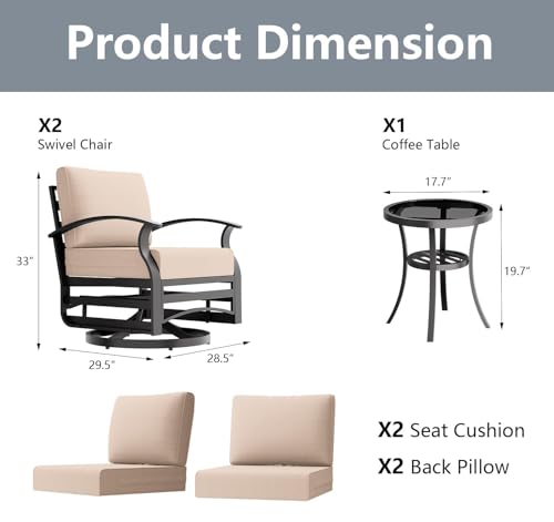 Image of Outdoor Patio Furniture Set, 3 Piece Aluminum Metal Chairs Swivel Rocker, Overstuffed Washable Cushions Bistro Set for Porch, Balcony, Deck, Garden