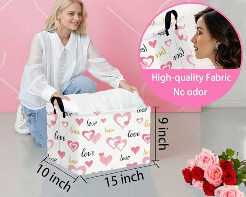 Image of Valentines Day Basket for Kids Heart Shaped Empty Storage Bins for Gifts with Handles Room Decor (Pink Double Love Golden LOVE)