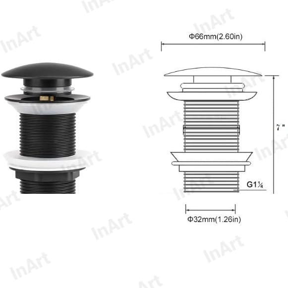 Image of InArt Black Pop-up Brass Waste Coupling for Wash Basin, 5 Inch Full Thread, 32 mm Bathroom Sink Drain Outlet Fitting, Easy Install