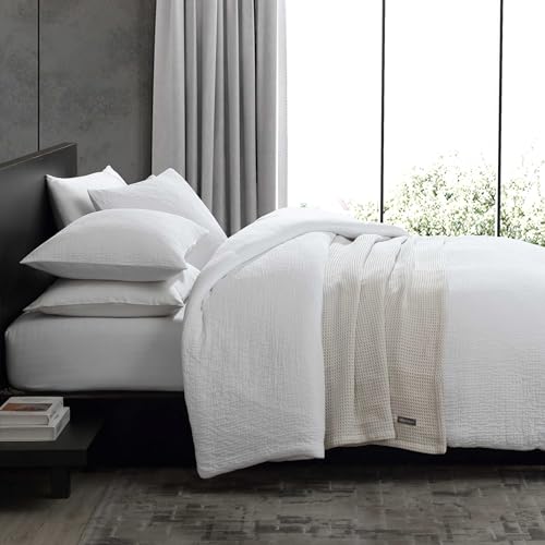 Vera Wang - King Duvet Cover Set, Soft Cotton Bedding with Button Closure & Inner Corner Ties, 3 Piece Bed Set with Matching Pillowcases (Puckered Texture White) - Thumbnail 3