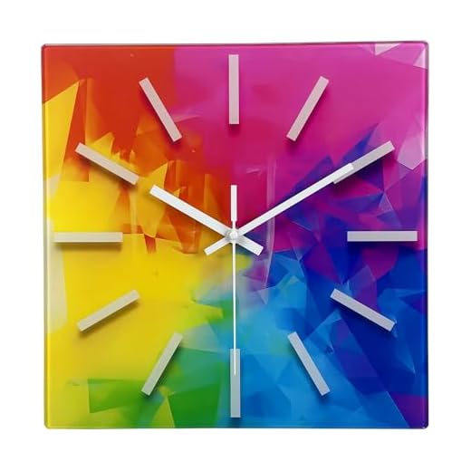 Square Glass Wall Clock Silent Analog Wall Clocks Battery Operated 12 Inch Colorful Wall Clock for Bedroom Living Room Office Classroom