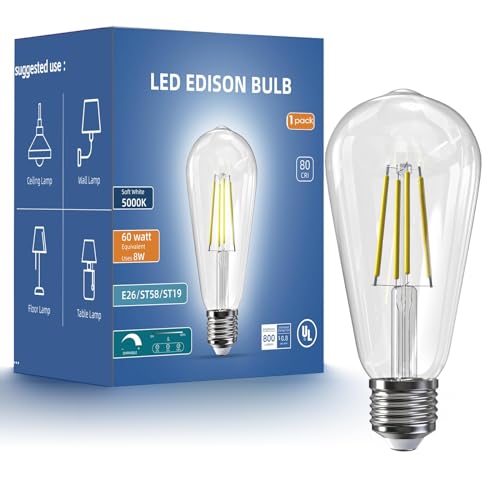 Image of Jensense Edison Bulbs E26 LED Bulb 60 Watt Equivalent, Vintage LED Light Bulbs CRI90+ ST19, Dimmable Clear Light Bulbs (5000K Daylight, 8watt-1 Pack)
