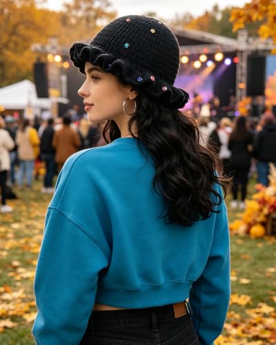 Image of Women Crochet Bucket Hat Cute Winter Ruffled Brim Floppy Cap Handmade Knit Cloche Hats