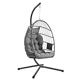 SONGMICS Sedia Sospesa da Esterno, Cestello Pieghevole, Poltrona a Uovo, Altezza Regolabile, Tasca Portaoggetti, Seduta Imbottita, per Soggiorno, Giardino e Balcone, Grigio GDC050GZ01