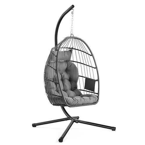 SONGMICS Chaise Suspendue Extérieur, Nacelle Pliable et Amovible, Fauteuil Oeuf Réglable en Hauteur, Poche de Rangement, Coussin d’Assise Rembourré, pour...