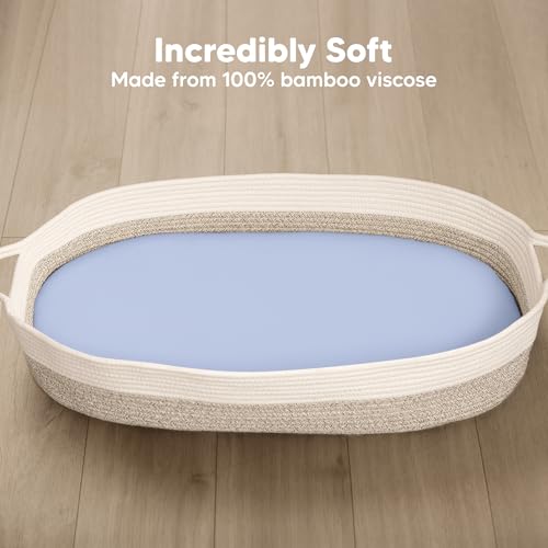 Image of 2-Pack Baby Bassinet Sheets Girl, Boy - 33x17 Viscose Derived from Bamboo Bedside Mattress Fitted Bassinet Sheets, Compatible with Halo Bassinest Swivel Sleeper, Baby Delight, Graco (Blue Flax)