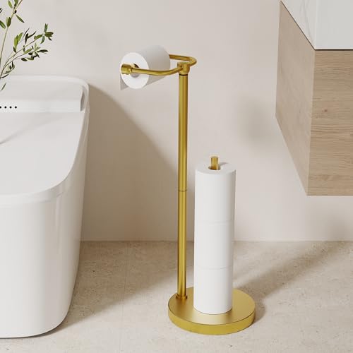 Image of Toilet Paper Holder Stand, Modern Bathroom Free Standing Toilet Paper Holder with Storage for 4 Rolls, Post Pivoting Toilet Paper Stand Stainless Steel Tissue Rack, Heavy Stable Base(Brushed Gold)
