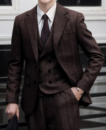 Men's 3 Piece Blazer Sets Vintage Tweed Herringbone Tuxedos Slim Vest Pants Wedding Groom Prom Jacket3