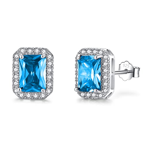 SNORSO Clous D'oreilles Argent Pour Femme Fille, Boucles d'oreilles Zircon Cubique Rectangle Aigue-marine Pierre de Naissance Mars Bleu, Cadeau Anniversaire...