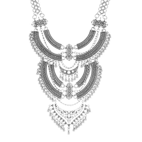 YAZILIND Clavicle Chunky Bib Necklace Layered Tassels Rhinestone Exaggerated Vintage Ethnic Long Engraved Bohemian Statement
