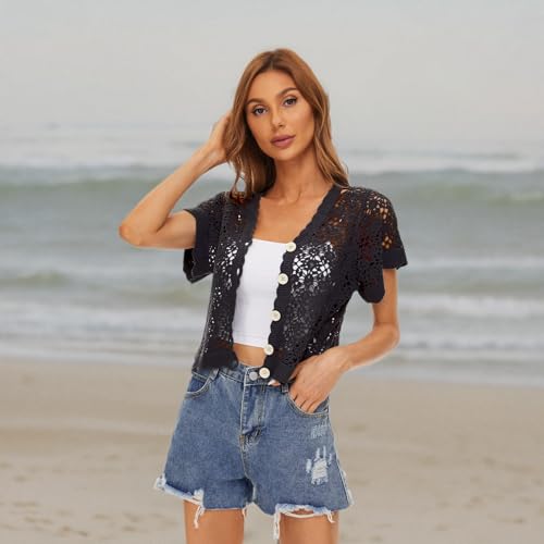 Image of Women Cardigan Hollow Out Floral Cardigans White Crochet Shrugs