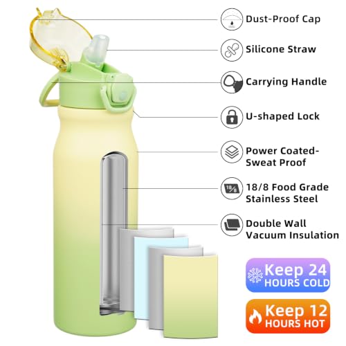 Image of BJPKPK 25 oz Insulated Water Bottle, Straw, Handle, Stainless Steel Flask | Leak Proof Locking Lid, Thermal, Double Wall Vacuum, Keeps Hot /Cold, BPA Free, Dishwasher Safe, Travel & Sports, Lime