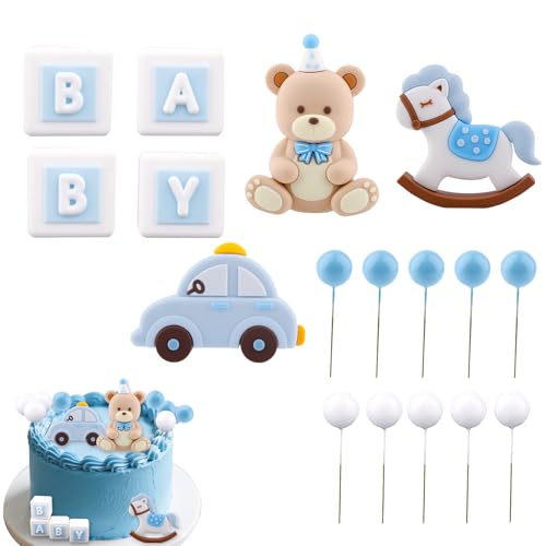 Blue Bear Cake Decoration, Cake Topper Set Baby Shower and
