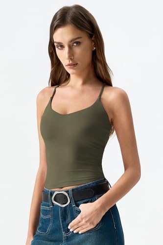 Image of QINSEN Womens Cross Back Tank Top V Neck Double Lined Camisole Top Sleeveless Spaghetti Strap Going Out Tops