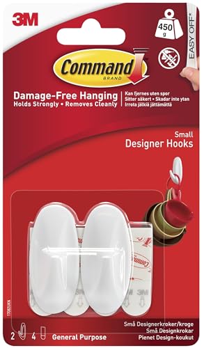 Command Small Designer Hooks, White - Pack of 2 Hooks and 4 Adhesive Strips - Damage Free Hanging