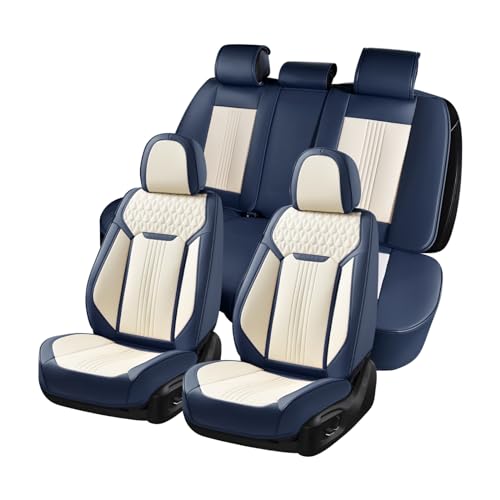 Image of Coverado Seat Covers Full Set, Car Seat Covers Waterproof, Luxury Leather Seat Cover for Cars, Front Seats and Back Seat Cover, Car Seat Cushion, Car Seat Protector Universal Fit Most Cars,Blue&White