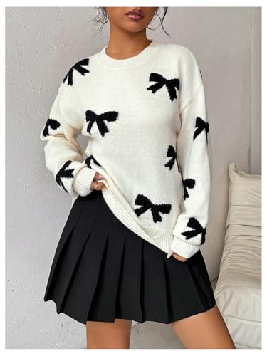 GORGLITTER Women's Bow Sweater Long Sleeve Crew Neck Vintage Y2k Knitted Sweater4