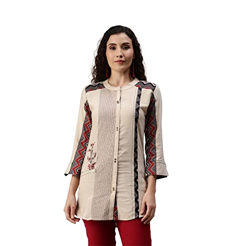 Image of SheWill Cotton Blend Stripe Print Embroidered A-Line Tunic