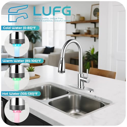 Image of LED Kitchen Faucet with Pull Down Sprayer - Polished Chrome Single Handle Kitchen Faucets, High Arc Stainless Steel Pull Out Kitchen Sink Faucet with Deck for RV Laundry Farmhouse Bar