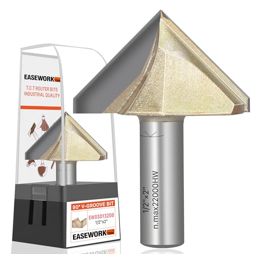 EASEWORK TOOL 90&deg; V-Groove Router Bit, Professional-Grade Carbide Tipped, Woodworking Grooving &ndash; 1/2" Shank &times; 2" Diameter &times; 1-11/64" Cutting Depth