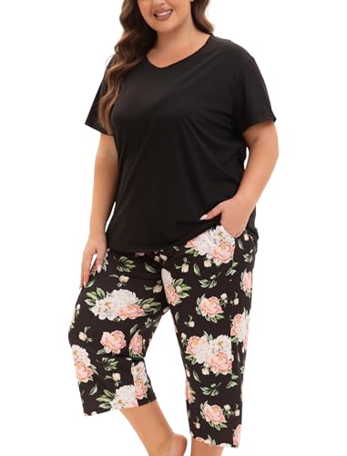 Image of Plus Size Pajamas for Women Set, Womens Plus Size Short Sleeve V Neck Capri Pants Pajama Sets with Pockets