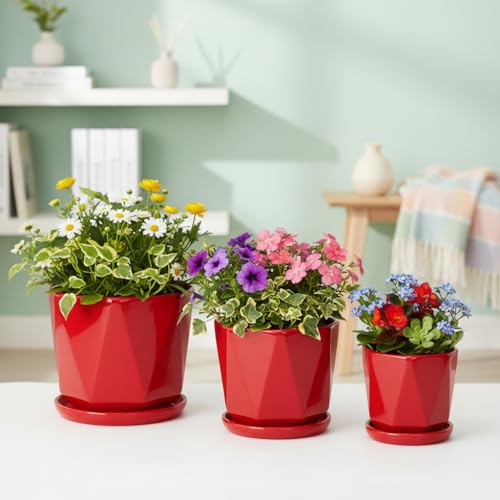 Xtore® Set of 3 Striking Geometric Ceramic Planter for Indoor Plants & Tabletop Décor | Minimal Modern Pots for Living Room, Balcony, Desk & Shelf Styling (Red, Planters only)