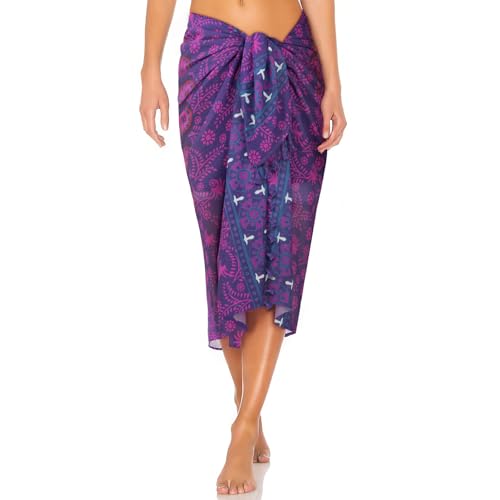 DiULi Strand Wickelrock Sarong, Damen Sarong Pareo Böhmen, Wickeltuch Bikini Cover Up mit Quasten, Wickelrock Groß für Strand Rock Swimsuit, Gedrucktes Muster Lila