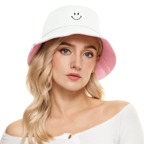 Image of Unisex Bucket Hats Beach Summer Sun Hat with UV Protection for Women Men Pink-White SmileyWorld