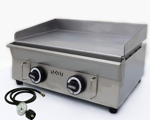 WYDDDARY 2800Pa Stainless Steel Commercial Home LPG Gas Grill Griddle Camp Countertop Flat Cooking Portable 2 Burner Propane Gas Grill Adjustable Temperature Control 122°F-572°F