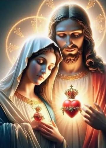 Tableau Chrétien de Jésus et la Vierge Marie : Affiche d'Art Catholique Sacré-Cœur format A8