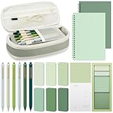 Mooliwe Sage Green Office Supplies Aesthetic Book Annotation Kit Pencil Case with 6 Black Ink Gel Pens 2 Spiral Notebook 6 Correction Tape 480 Sticky Notes Aesthetic Stationery Set for Study Work