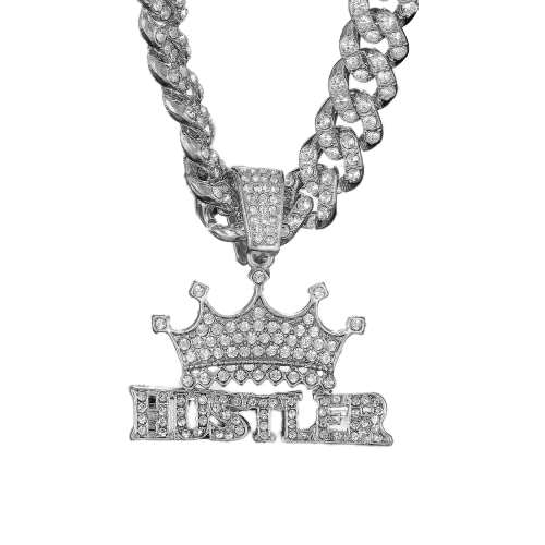 VIEN Mc Stan Hip Hop Crystal HUSTLER Pendant Necklace With Iced Out Bling Miami Cuban Chain Choker Fashion Rapper Jewelry (SILVER) (B0C1GYN4PL) Amazon Price History, Amazon Price Tracker
