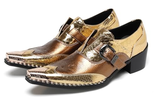 Santimon Men’s Slip-On Dress Shoes Genuine Leather Loafers – Metal Toe Mocasines with Gold Buckle for Formal Wedding & Casual Party Disco