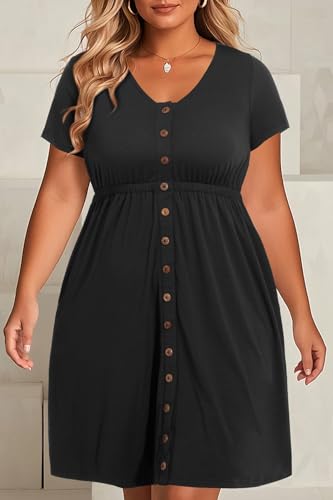 Image of Holipick Women's Plus Size Summer Dresses for Women Casual Dress with Pockets A-Line Swing Button Down Sleeveless V Neck