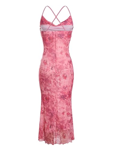Image of SOLY HUX Women's Floral Mesh Bodycon Cami Dress Cowl Neck Sleeveless Cocktail Party Wedding Guest Long Maxi Dresses