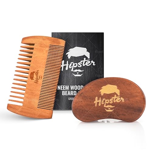 Image of Hipster Wooden Comb & Beard Brush for Men Combo | Dual Side Tooth Beard & Hair Grooming Comb for Hair Growth | Anti-Static, Pocket Friendly, Natural Wooden Comb
