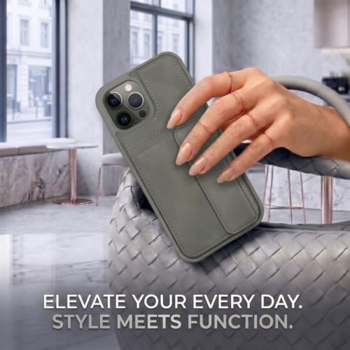 Image of amazon basics Luxury Vegan Leather Back Cover for iPhone 11 Pro Max | Built-in Card Holder Slot | Integrated Mobile Stand | Slim Shockproof Protective Case with Stitched Finish - Gray