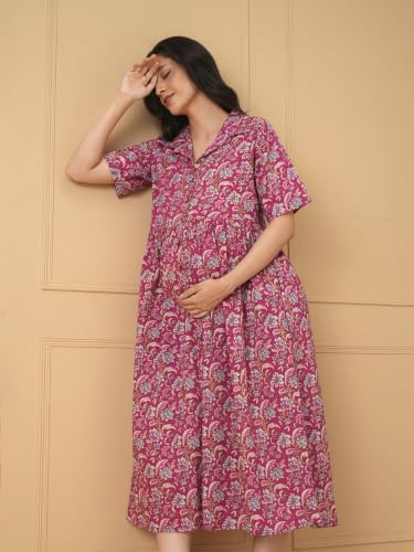 Image of The Mom Store Maternity and Nursing Dress | Pre and Post Pregnancy Dress for Womens | Zipper /Button Opening | Causal Wear | Trendy Stylish Causal Dresses for New Moms