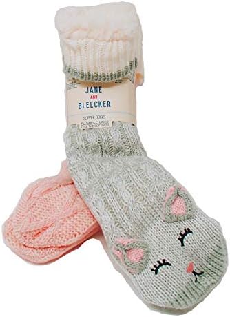 Jane and Bleecker 2 Pair Slipper Socks, Grey & Pink, One Size