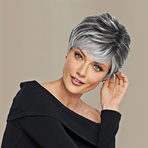 Creamily Perruques courtes grises coupe lutin pour femme - Perruques courtes avec frange - Cheveux synthétiques courts naturels pour femme - Perruque...