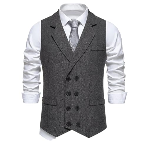 Men Herringbone Double Button With Lapel Waistcoat For Wedding Business Office Work Suit Vest