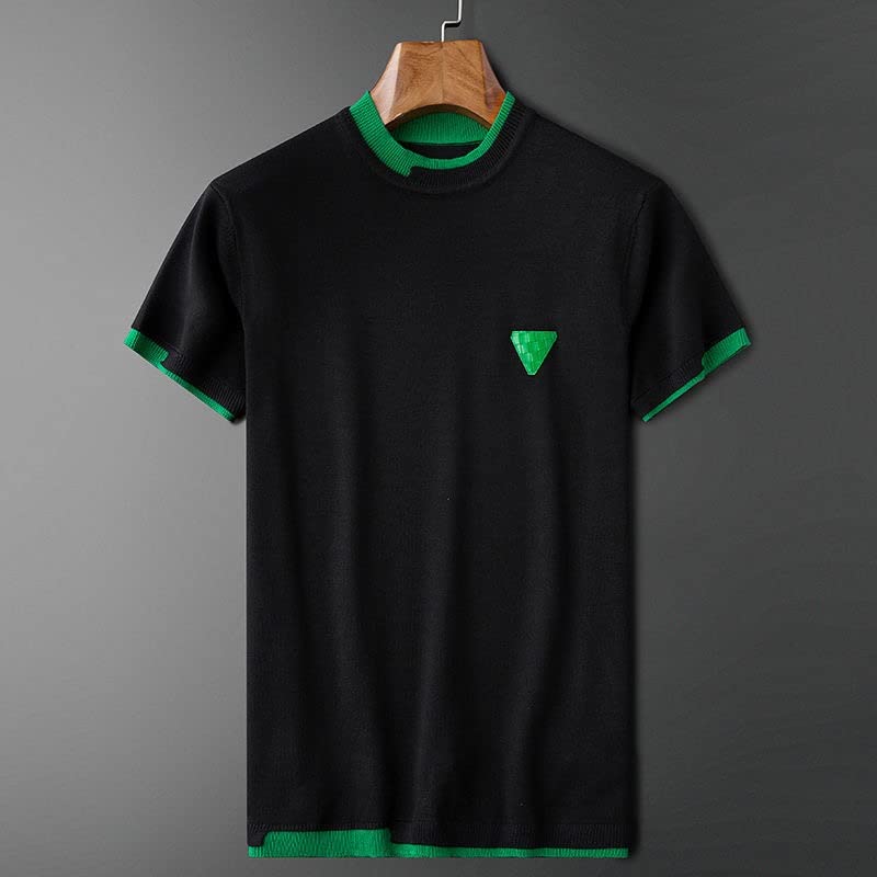 H⭐︎ ZJHYXYH White Green Stitching Knitted T-shirt Men's Casual Short