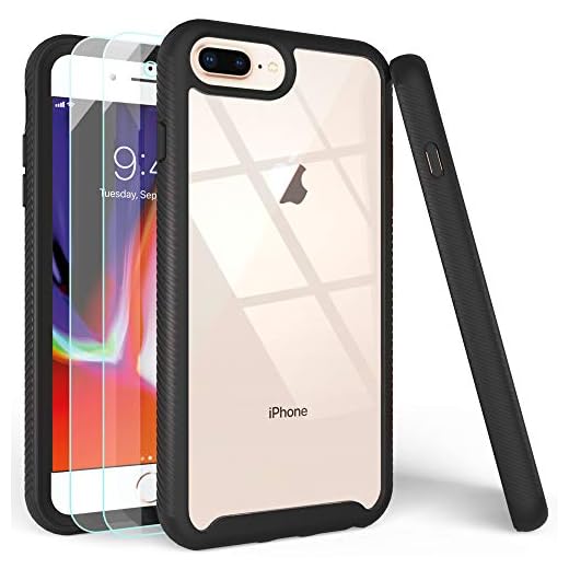iPhone 7 Plus Case,iPhone 8 Plus Case with Tempered Glass Screen Protector [2 Pack],LUCKYCAT Shockproof Clear Multicolor Series Bumper Cover for 5.5 Inch Apple iPhone 6/6s/7/8 Plus-Black