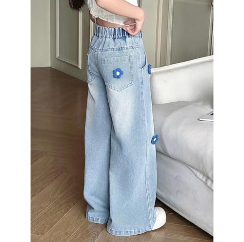 Girl's Adorable Floral Elastic Waist Wide Leg Denim Pants for Ages 10-124