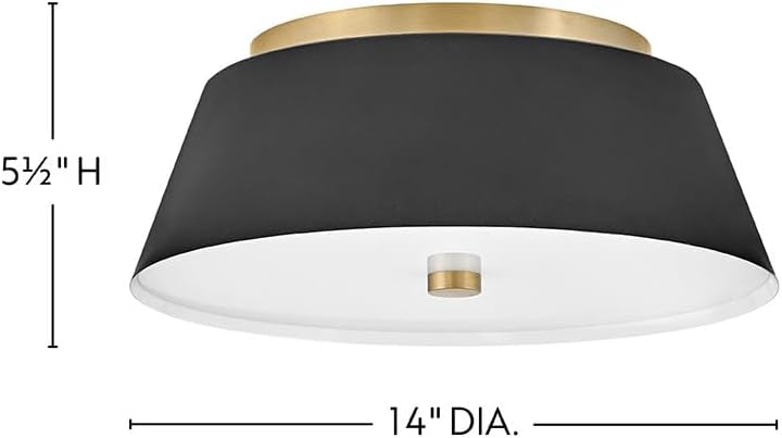 Lark Tess Medium Two Light Flush Mount Ceiling Light – Classic Drum Style, Etched Glass – Black with Lacquered Brass Accents