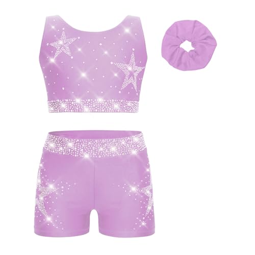 Hedmy Traje Gimnasia Rítmica Deportiva de 3 Piezas para Niñas sin Mangas con Pedrería Brillante y Diadema Crop Top y Leggings Cortos Elásticos Ropa de Danza Púrpura claro 5-6 años Hedmy Traje Gimnasia Rítmica Deportiva de 3 Piezas para Niñas sin Mangas con Pedrería Brillante y Diadema Crop Top y Leggings Cortos Elásticos Ropa de Danza Púrpura claro 5-6 años