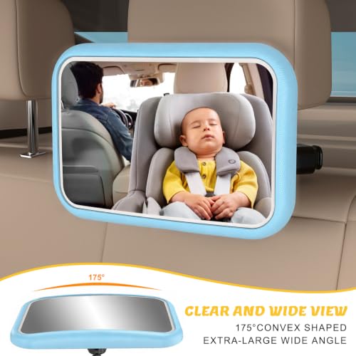 Image of Baby Car Mirror with Light, Blue | 7 RGB Light Rear Facing Car Seat Mirror for Baby with Remote Control Rechargeable 360 Rotation Hook Clip Design Wide View